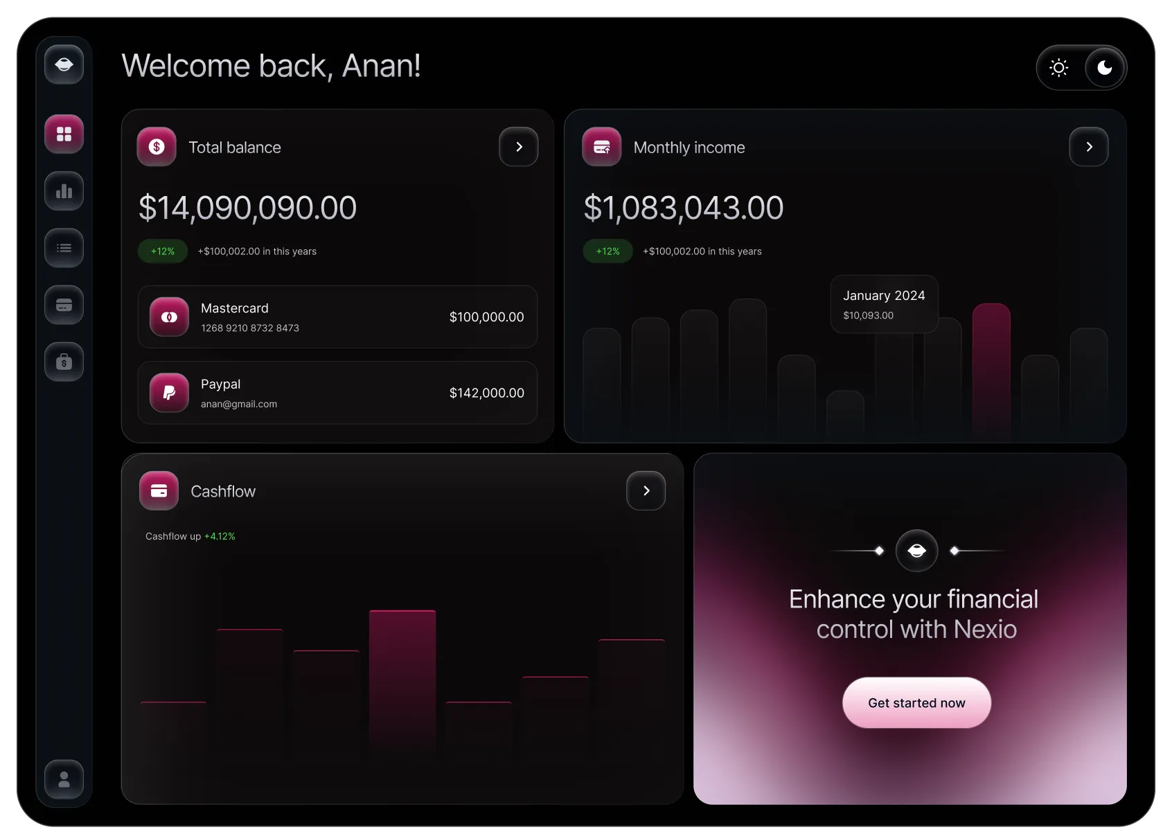The Nexio dashboard, showing balances, spending and cash-flow charts